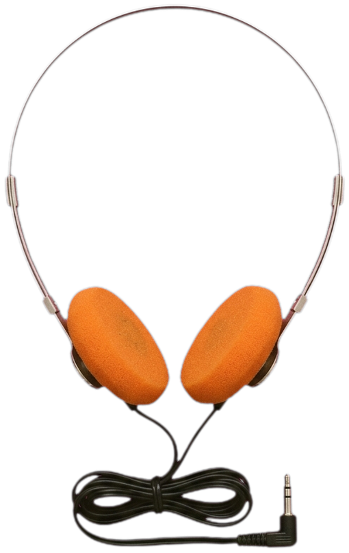 Foam headphones resting on the note
