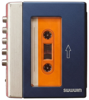 A cassette walkman resting on the note